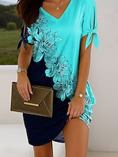 abordables Robe Fleurie-Femmes Mini Robe Robe Décontractée Robe T-Shirt Robe d&#039;été Élégant Vacances ancien Épaules dénudées Coupe régulière A Ombre Fleuri Graphique Manche Courte Col en V Rose Claire Rouge Bleu Violet Ét