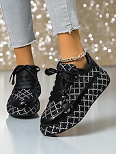 baratos Festa da Vida Noturna-Tênis femininos acolchoados com strass - sapatos de festa com cadarço preto e prata para vida noturna, baladas e streetwear moderno