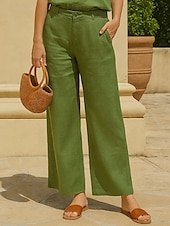 Dámské chino kalhoty s širokými nohavicemi z bavlny a lnu, etnický styl, základní, ležérní, plná délka, střední pas, bez kapes, pohodlné, outdoor, neelastické, ležérní, denní, černá, bílá, zelená, khaki, léto, jaro, regular fit levne Hladké bavlněné plátěné kalhoty-Dámské chino kalhoty s širokými nohavicemi z bavlny a lnu, etnický styl, základní, ležérní, plná délka, střední pas, bez kapes, pohodlné, outdoor, neelastické, ležérní, denní, černá, bílá, zelená, khaki, léto, jaro, regular fit