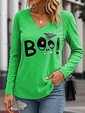 billige Dyrene tee-Halloween Dame T skjorte Grafisk Bokstaver Halloween Elegant Årgang Stilfull Langermet V-hals Vanlige topper Daglig Ut på byen Helg Trykt mønster Blå Lilla Oransje Grønn Vår Høst