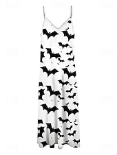 economico Abito di Halloween-Per donna Abito Midi Vestito Estivo Abito a trapezio Abito Sottoveste Vacanza Casual Vacanza Quotidiano Spiaggia Vestibilità regolare Grafico Foglia Tropicale Senza Maniche Scollo a V Bianco e nero
