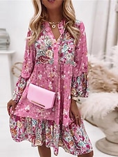 abordables Vestidos boho-Mujer Mini vestido Vestido informal Vestido bohemio Vestido de primavera Vacaciones Ropa de calle Vacaciones Calle Festivos Ajuste regular Floral Manga Larga cuello partido Rosa Azul Piscina Verde