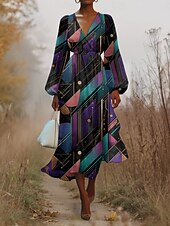 preiswerte Kunst &amp; Design Kleid-Damen Midikleid Freizeitkleid Chiffon Schwingkleid Modern Urlaub Täglich Wochenende Normale Passform Geometrisch Farbverläufe Langarm V Ausschnitt Schwarz Gelb Königsblau Blau Sommer Frühling Herbst