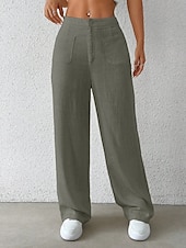 preiswerte Schlichte Hose aus Baumwollleinen-Damen Weites Bein Chinos Mode Basic Lässig Volle Länge Mittlere Taillenlinie Einfarbig Tasche Komfort Außenbereich Unelastisch Urlaub Straße Täglich Schwarz Weiß Blau Aprikose Sommer Frühling Herbst