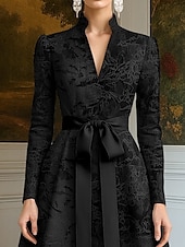 billige Aftenkjoler-Svart slips jacquard brokade a-linje aftenkjole elegant kjole formell bryllup gulvlang langermet v-hals lomme nylon med sløyfe(r) stropper 2025