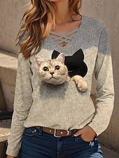 お買い得  動物のTシャツ-女性用 Tシャツ グラフィック 動物 猫 ヴィンテージ スタイリッシュ クラシック 長袖 Ｖネック レギュラートップス 日常 切り抜き プリント ブルー パープル グリーン カーキ色 春 秋