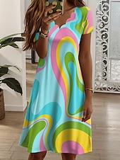 halpa Taide ja Suunnittelu Mekko-Naisten Mini mekko Tpaitamekko Kesämekko A linjainen mekko Loma Vapaa-aika Päivittäin Normaali Kukka Kuvitettu Lyhythihainen V kaula-aukko Valkoinen Keltainen Punastuvan vaaleanpunainen Sininen Kes