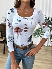 economico T-shirt floreale-Per donna Maglietta Floreale Grafico Piante Moda Classico Casual Manica Lunga Collo quadrato Top Regolari Quotidiano Stampato Bianco Primavera Autunno