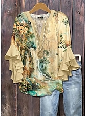 ieftine Topuri florale-Paște Pentru femei Bluză Floral Grafic Elegant Boemia Έθνικ Lungime Manșon 3/4 În V Topuri obișnuite Zilnic Concediu Îmbrăcăminte de vacanță Bufantă Imprimeu Galben Roz Îmbujorat Maro Deschis