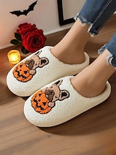 tanie Dla kobiet-damskie kapcie polarowe na Halloween z motywem buldoga francuskiego i dyni - wygodne pluszowe kapcie domowe dla kobiet i nastolatek, idealne na jesień, jako prezent świąteczny i do wygodnego