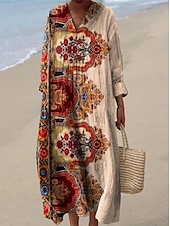 abordables Robe Boho-Femmes Robe maxi Robe d&#039;Été Robe trapèze Vacances Occasionnel Sortir Coupe Ample Fleuri Graphique Paisley manche longue Col en V Bleu Ciel Bleu marine Noir Orange Été Printemps Automne