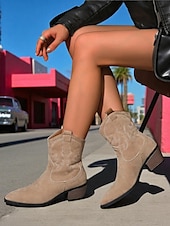 abordables Cowboy y botas occidentales-Botas vaqueras occidentales de gamuza marrón para mujer: cómodas botas de tacón de bloque con punta puntiaguda hasta media pantorrilla para mujer, estilo bohemio, ideales para festivales de música,