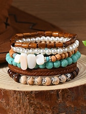 economico Bracciale da donna-Set di braccialetti con ciondoli a strati con perline boho da donna: bracciali in legno, turchese e pelle scamosciata in stile vintage con ciondoli a forma di foglia e geometrici, ideali per abbigliamento casual, festival e vacanze al mare