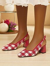cheap Block Heels-Women&#039;s Red Gingham Slingback Block Heel Pumps - Retro Style Knit Dress Shoes for Comfortable Walking, Casual Picnic, Summer Parties, and Daily Office Wear