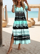 preiswerte Streifen- und geometrische Kleider-Damen Maxikleid T-Shirt-Kleid Sommerkleid Shiftkleid Urlaub Lässig Strand Party Strand Normale Passform Geometrisch Kurzarm Rundhalsausschnitt Rosa Blau Purpur Grün Sommer Frühling