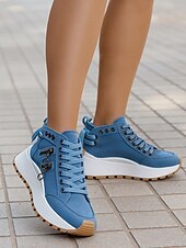 abordables Baskets femme-Baskets montantes en toile pour femmes – Chaussures à lacets à plateforme décontractées pour le style urbain, les voyages et les activités du week-end