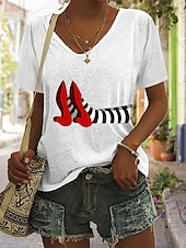 abordables T-shirt Art &amp; Design-Halloween Femmes T-shirt Graphique Halloween ancien Élégant Classique Manche Courte Col en V Hauts Réguliers Quotidien Imprimé Noir Blanche Bleu Vert Été Printemps