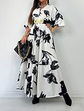 voordelige Casual bloemenjurken-Dames Halflange jurk Jurk met print Modieus Modern Buiten Vakantie Feestdagen Normale pasvorm Bloem 3/4 mouw V-hals Zwart en Wit Herfst