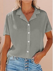 preiswerte Hemden-Damen Hemd Baumwoll-Leinen-Hemden Knopfleiste Bluse Einfarbig Stilvoll Lässig Kurzarm Hemdkragen Normale Oberteile Täglich Knöpfe Tasche Weiß Gelb Leicht Blau Sommer
