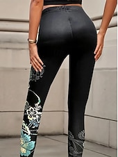 baratos Animais Impressão-Mulheres Leggings Férias Vintage Estilo Étnico Mimolet Cintura Alta Floral Gráfico Pássaro Impressão 3D Secagem Rápida Respirabilidade Macio Com Stretch Diário Casa Ao ar livre Bronzeado Preto Outono