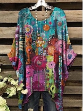 billige Kvinne Boho Topper-Dame Bluse Grafisk Geometrisk Elegant Bohem Årgang Kortermet Flaggermusermer Crew-hals Vanlige topper Daglig Ferie Strand Klær Trykt mønster Grønn Og Blå Gul Rosa Lysebrun Blå Sommer Vår