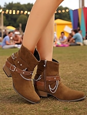 abordables Botines-Botines de ante marrón para mujer con detalle de cadena y cinturón: botines de tacón grueso de estilo western de moda para uso informal y salidas de otoño.