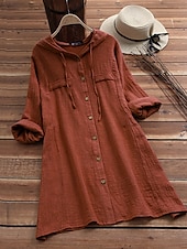 baratos Camisas-Mulheres Blusa Côr Sólida Casual Manga Longa Com Capuz Tops longos Diário Bolsos Botões Amarelo Vinho Fúcsia Cinzento Verão Outono