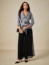 preiswerte Hosenanzüge für Mama-Zweiteilig Brautmutterkleid Elegant V Ausschnitt Knöchellänge Taft Dreiviertelarm mit Schärpe / Band Schleife(n) 2025