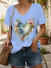 abordables T-shirt floral-Femmes T-shirt Cœur Fleuri Graphique ancien Mode Hawaïen Manche Courte Col en V Hauts Réguliers Quotidien Sortir Week-end Imprimé Noir Blanche Jaune Rose Claire Bleu Été Printemps