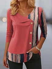 abordables T-shirt rayé et géométrique-Femmes Chemisier Graphique Géométrique Plaid ancien Élégant Occasionnel manche longue Col ras du cou Asymétrique Hauts Réguliers Quotidien Patchwork Boutons Imprimé Vert Claire Rose Claire Rouge