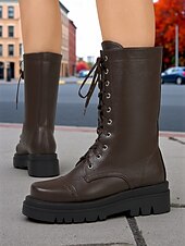 economico Stivali da combattimento-Stivali da combattimento stringati in similpelle nera da donna – stivali a metà polpaccio in stile militare con suola spessa per abbigliamento streetwear autunnale e invernale, uscite casual, moda urbana