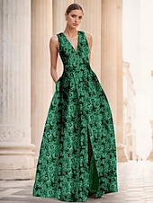 abordables FLORALES-Robe de soirée A-Line en jacquard floral verte élégante Robe de mariage formelle longueur au sol sans manches en V en nylon avec poche fente Robe invitée de mariage