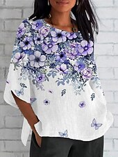 economico Maglietta Arte &amp; Design-Pasqua Per donna Maglietta Ombre Floreale Grafico Vintage Classico Casual Manica 3/4 Girocollo Top Regolari Quotidiano Weekend Abbigliamento mare Stampato Viola Estate Primavera Autunno