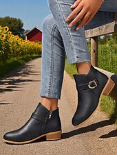 abordables Botines-Botines marrones de piel sintética para mujer: botines de tacón bajo con hebilla y cremallera lateral para salidas de otoño, paseos por el campo y uso diario.