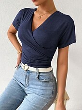voordelige Sexy topjes voor dames-Dames Zomer tops Effen Stijlvol Modern Korte mouw V-hals Normale tops Dagelijks Feestdagen Met ruches blauw Grijs Zomer