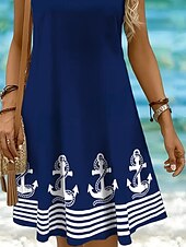 billige Stripete og geometriske kjoler-Dame Mini kjole Solkjole Kjole med A-linje Off The Shoulder-kjole Ferie Fritid Bohem Ferie Strand Normal Grafisk Geometrisk Stripe Ermeløs Crew-hals Øsehals Svart Hvit Gul Rosa Sommer Vår