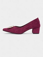 abordables Block Heels-Zapatos de tacón de bloque de ante burdeos para mujer con hebilla de diamantes de imitación: elegantes zapatos de vestir de estilo retro para mujer, ideales para la oficina, bodas y fiestas.