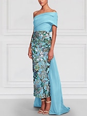 abordables BLEU-Robe de soirée colonne en satin brodée à fleurs bleues vertes élégante longue à manches courtes décolletée avec fente