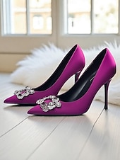 ieftine Pantofi clasici-Tocuri înalte cu vârful ascuțit din satin auriu pentru femei - pantofi eleganți cu cataramă cu strasuri pentru cocktailuri și evenimente de seară