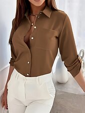 preiswerte Damen Einfache Oberteile-Damen Hemd Einfarbig Stilvoll Lässig Langarm Hemdkragen Normale Oberteile Täglich Knöpfe Schwarz Himmelblau Fuchsie Braun Khaki Sommer Frühling Herbst