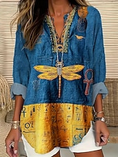 preiswerte Damen Boho Tops-Damen Hemd Libelle Täglich Lässig Langarm V Ausschnitt Normale Oberteile Täglich Ferien Knöpfe Druck Gelb Frühling Herbst