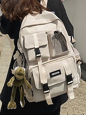 preiswerte College-Rucksäcke-Freizeitrucksack für Teenager mit großem Fassungsvermögen – Schultasche im koreanischen Stil mit mehreren Taschen und Plüsch-Schlüsselanhänger für Schule, Reisen und Outdoor-Aktivitäten, Schwarz, Weiß, Rot