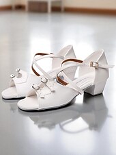 abordables Chaussures de danses latines-Chaussures de danse professionnelles pour filles et adolescentes - sandales d&#039;entraînement latines blanches à bout ouvert avec motif nœud, bride de cheville réglable et talon bas, idéales pour