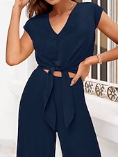Mulheres Moda Roupa de rua Diário Conjuntos de calças Manga Curta Decote V Côr Sólida Cordões Casual Diário Preto Azul Marinho Escuro Azul Marinha Verão Normal baratos Blusas femininas-Mulheres Moda Roupa de rua Diário Conjuntos de calças Manga Curta Decote V Côr Sólida Cordões Casual Diário Preto Azul Marinho Escuro Azul Marinha Verão Normal