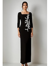 preiswerte SCHWARZ-schwarz-weißes Etuikleid/Säulen-Abendkleid, elegantes Kleid, formelle Hochzeit, bodenlang, 3/4-Ärmel, quadratischer Ausschnitt, Stretch-Krepp mit floraler Perlenspitze, 2025