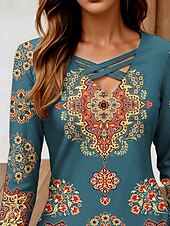 ieftine tricou boho-Pentru femei Tricou Grafic Geometric Imprimeu Paisley Epocă Stilat Clasic Manșon Lung În V Topuri obișnuite Zilnic Eliminat Imprimeu Albastru Prăfuit Primăvară Toamnă