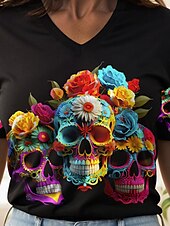 abordables Hauts d&amp;#39;Halloween-Halloween Femmes T-shirt Fleuri Graphique Crâne ancien Élégant Classique Manche Courte Col en V Hauts Réguliers Quotidien Imprimé Noir Orange Gris Été Printemps