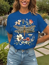 abordables T-shirt Animaux-Femmes T-shirt Fleuri Graphique Libellule ancien Élégant Classique Manche Courte Col ras du cou Col rond Hauts Réguliers Quotidien Week-end Imprimé Noir Blanche Jaune Rose Claire Rouge Été Printemps