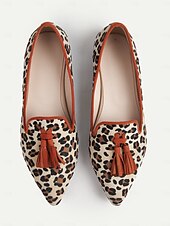 cheap Women&#039;s Slip-Ons &amp; Loafers-Women&#039;s Leopard Print Tassel Flats - Retro Style Pointed Toe Shoes with Orange Trim and Block Heel for Daily Wear &amp; Casual Outings