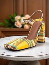 cheap Block Heels-Women&#039;s Purple Plaid Block Heel Pumps –1970s Retro Square Toe High Heels with Ankle Strap for Daily Wear, Office &amp; Vintage Outfits